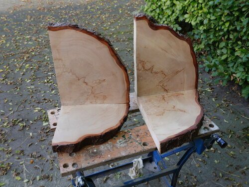 Two pieces on bench, painted.